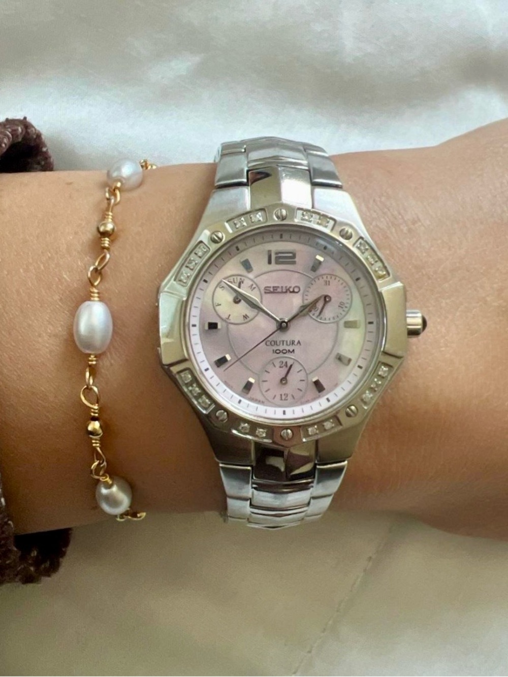 Seiko Coutura Pink Mother of Pearl Crystal Bezel Women’s Chronograph